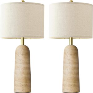 BOBOMOMO Modern Table Lamp Set of 2, Warm Beige Resin Lamp with Natural Stone Look, 27.25" Lamps for Living Room with Linen Shades, Bedside Lamp for Bedroom, Living Room, Nightstand, Entryway