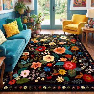 RELEANY Floral Washable 5x7 Area Rugs Black | Flower Carpet Print Boho Cute Non Slip Low Pile for Living Room Bedroom Kitchen Office Entryway Hallway Entrance Farmhouse